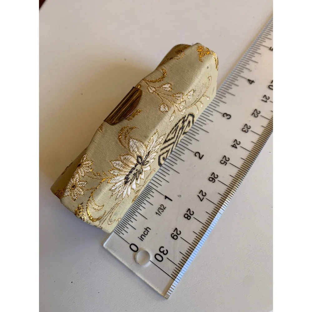 Vintage Brocade Lipstick Case Holder Gold Floral Embroidery Mirror Red Lining